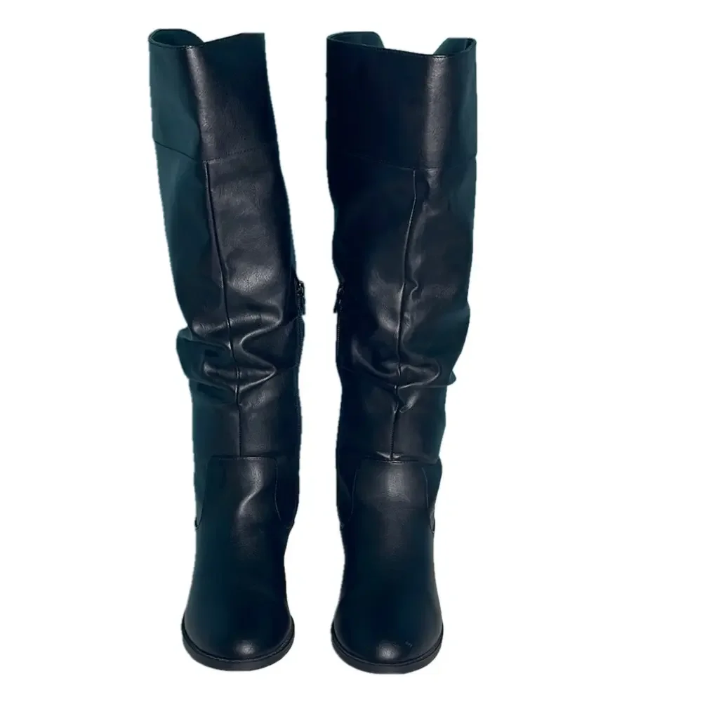 American Eagle Black Knee-High Riding Boots 8W Wide Zip Tall Low Heel Like New